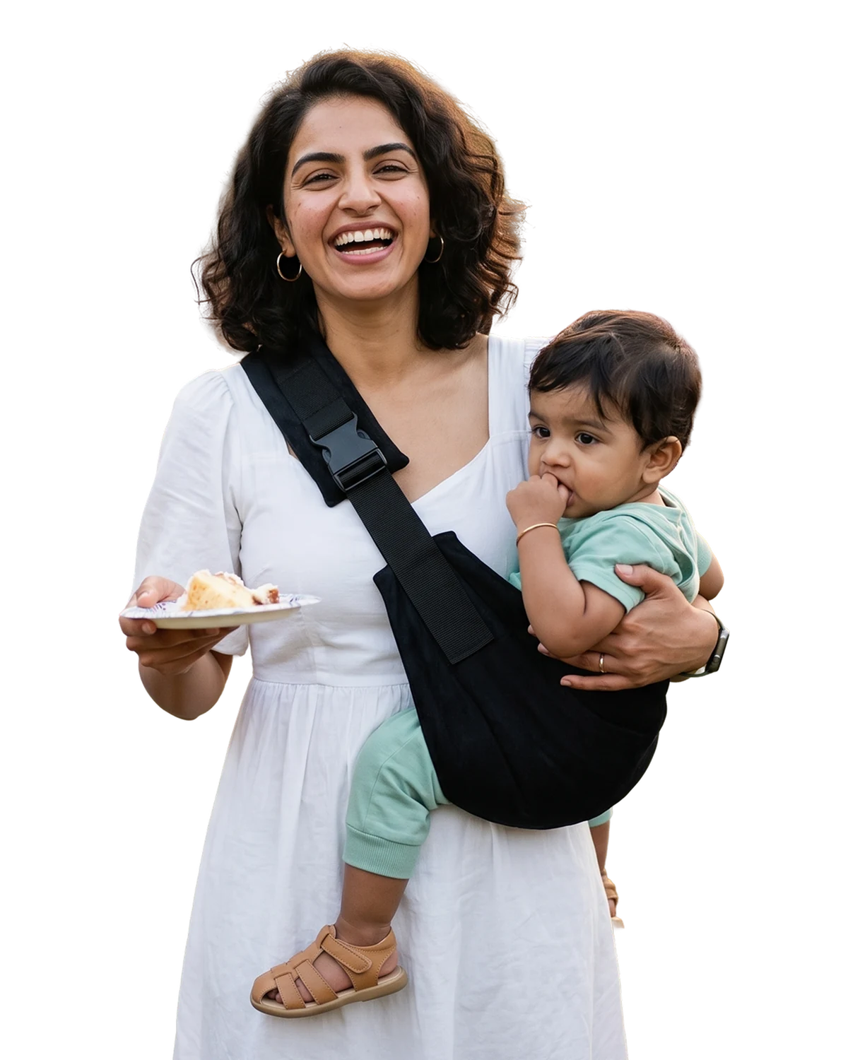 A parent wearing the Snugs Sideways Carrier, with its five features numbered
